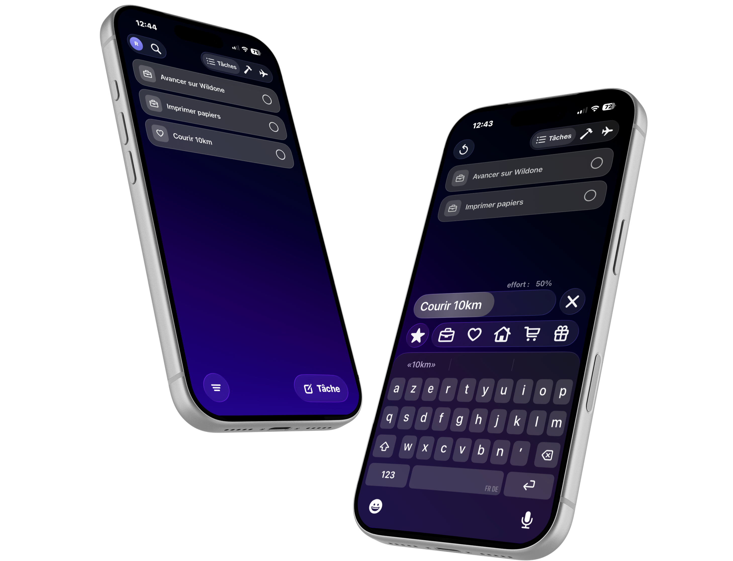 Wildone sur iPhone — gestion des tâches et clavier dynamique